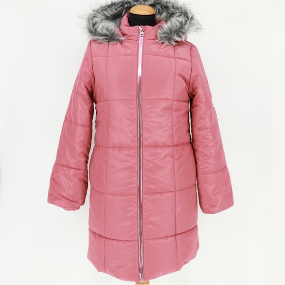 Calvin Klein Jeans Girls Mauvewood Pink Puffer Coat Faux Fur Hood Size XL (16)